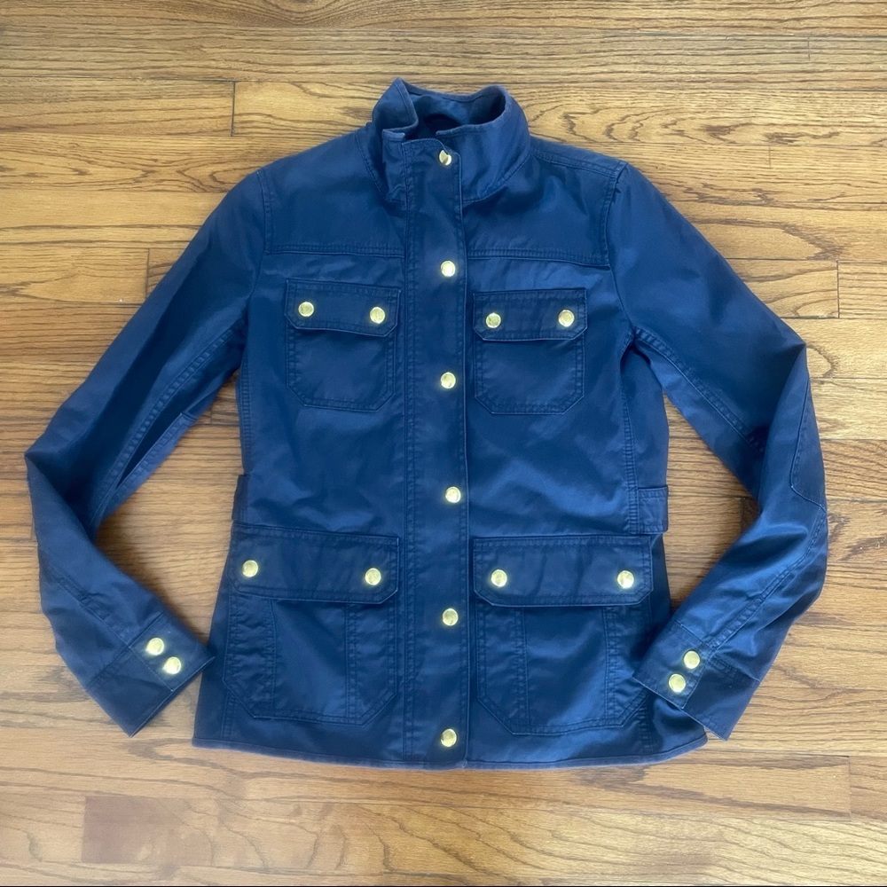 J. Crew Navy Blue Coated Waxed Cotton Navy Blue Jacket Gold Zip Snaps Women XXS